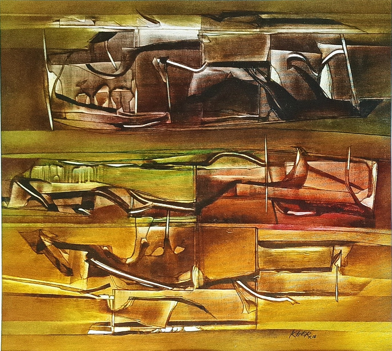 Nature I, an abstract painting by Ramesh Kher in ochre, green, rust and black