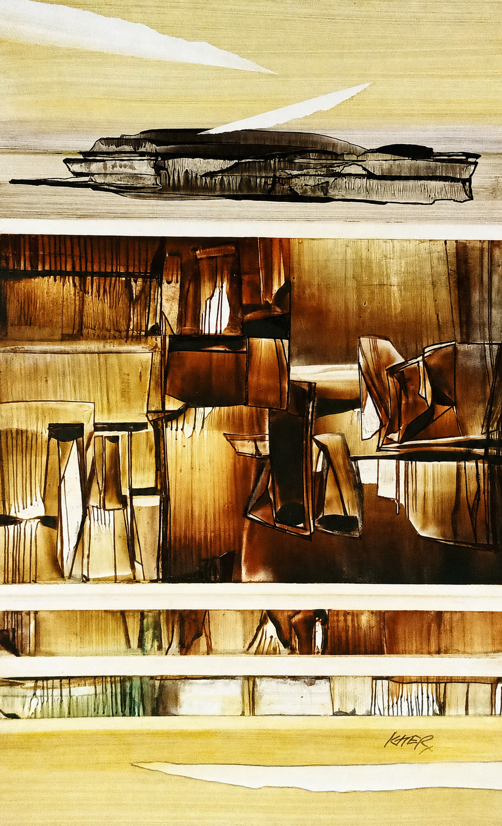 Nature III, an abstract painting by Ramesh Kher in cream, ochre, brown and black