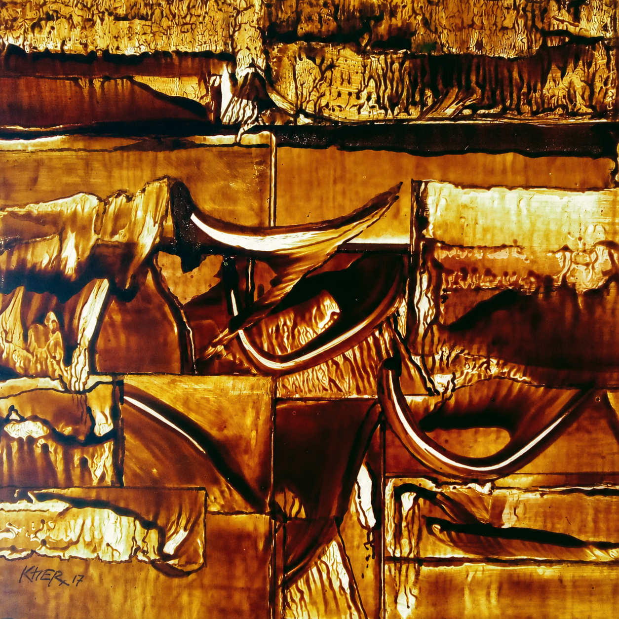 Nature IV, an abstract painting by Ramesh Kher in gold, ochre, rust and black