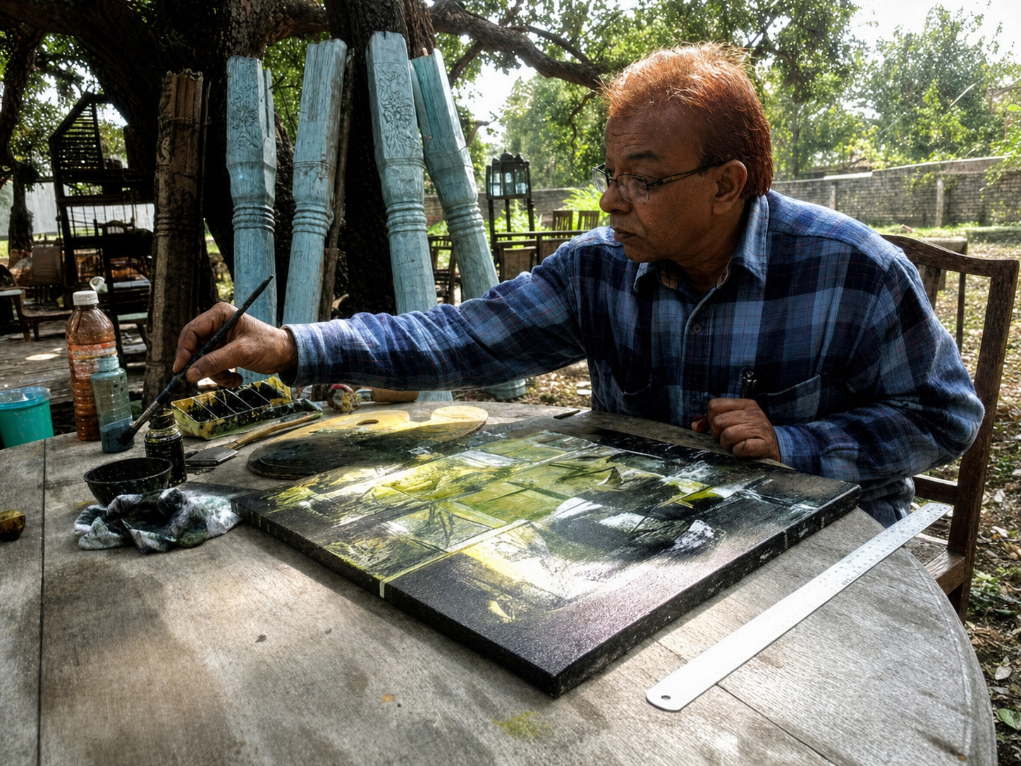 Ramesh Kher painting at an outdoor studio table